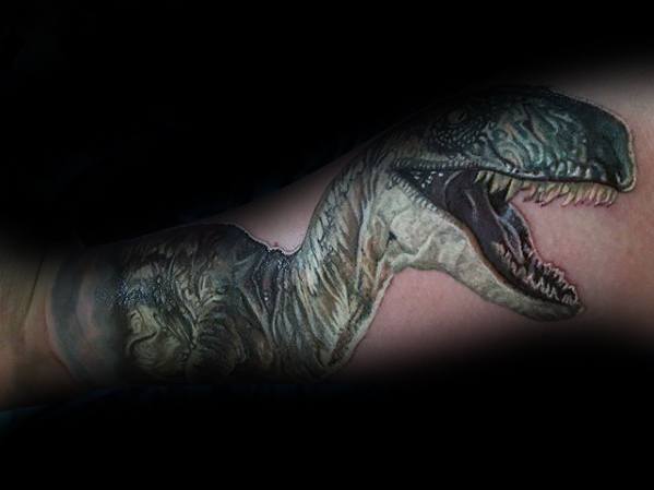 3d Dinosaur Forearm Mens Tattoo With Jurassic Park Design