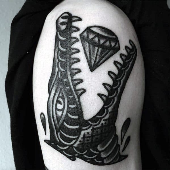 Alligator With Diamond Mens Traditional Shaded Black And Grey Ink Arm Tattoo