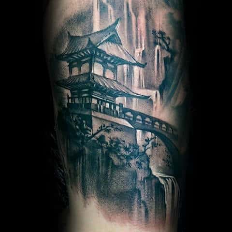 amazing 3d realistic waterfall with temple japanese tattoo ideas for males