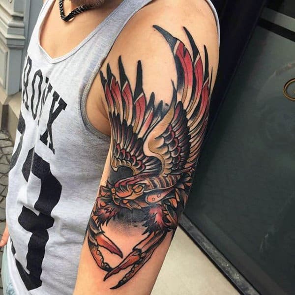 Amazing Crab With Angel Wings Mens Arm Tattoo Ideas