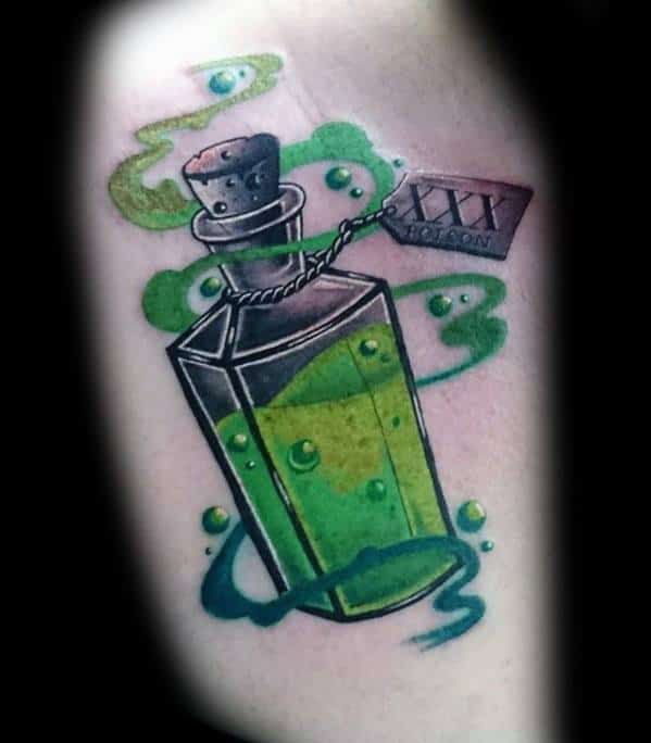 Amazing Mens Green Poison Bottle Thigh Tattoo Designs
