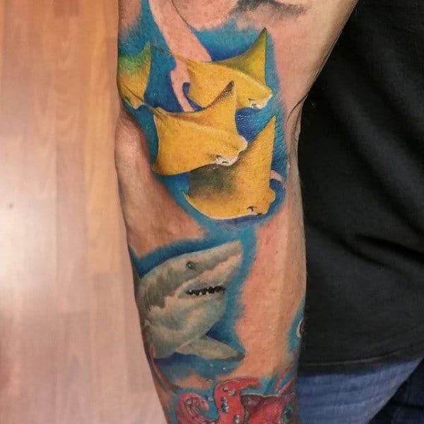 Amazing Realistic Yellow Stingray Male Arm Tattoos