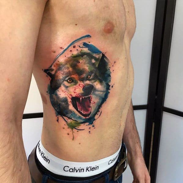 Angry Wolf Artsy Watercolor Rib Cage Side Tattoos For Men