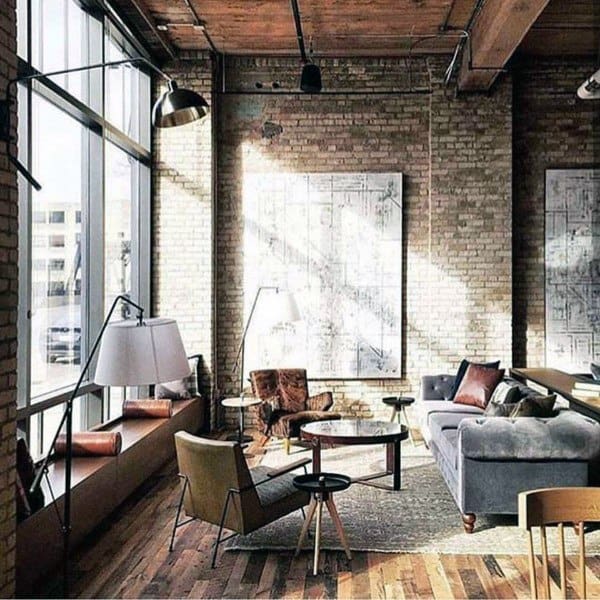 apartment industrial interior design with floor to ceiling windows