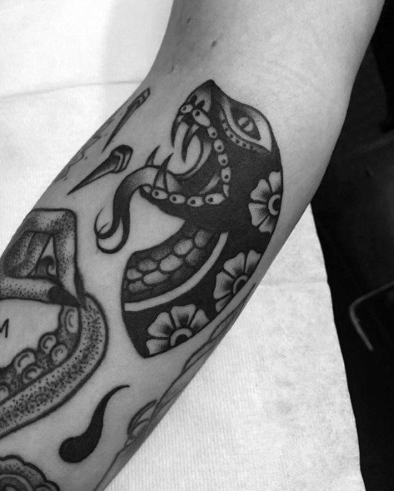 Arm Snake With Flower Design Filler Tattoos Guys