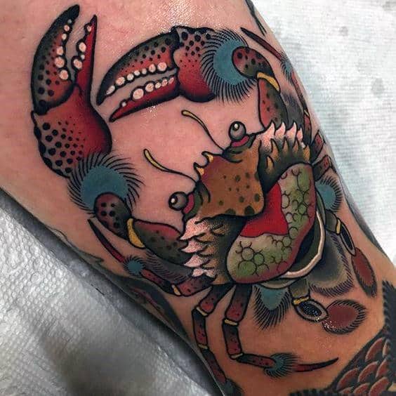 Artistic Colorful Male Crab Tattoo On Arm