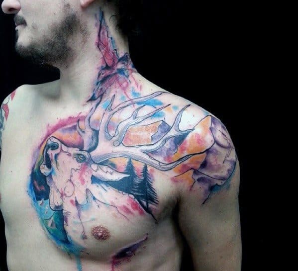 Artsy Watercolor Deer Head Mens Shoulder And Chest Tattoo