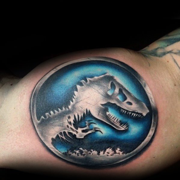 Awesome 3d Jurassic Park Logo Inner Arm Bicep Tattoos For Men