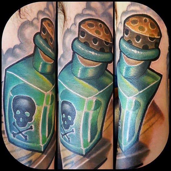 Awesome 3d Skull Poison Bottle Tattoos For Men On Arm