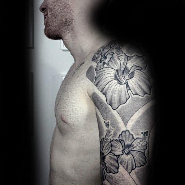 Awesome Dotwork Hibiscus Flower Guys Sleeve Tattoo Deisgn Ideas