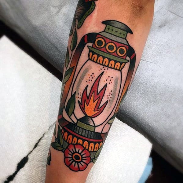 Awesome Mens Outer Forearm Traditional Lantern Tattoo Inspiration