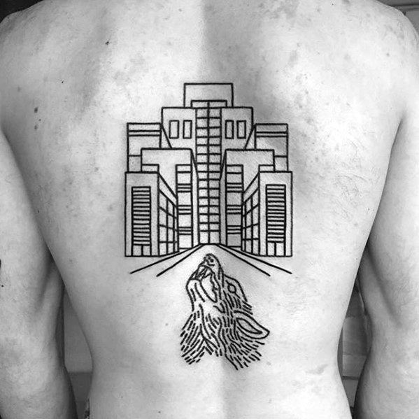 Back Mens Cool Simple Buildings With Howling Wolf Tattoo