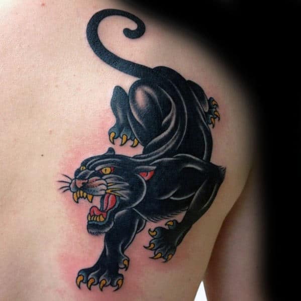 Back Of Shoulder Blade Mens Traditional Panther Tattoo