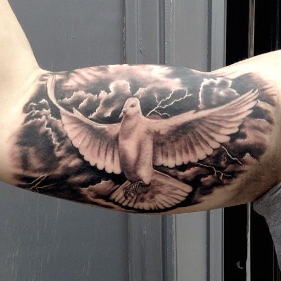 Bicep Dove Flying In Dry Lightning Tattoos For Men