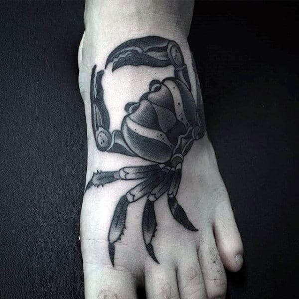 Black And Grey Shaded Male Crab Tattoo On Foot
