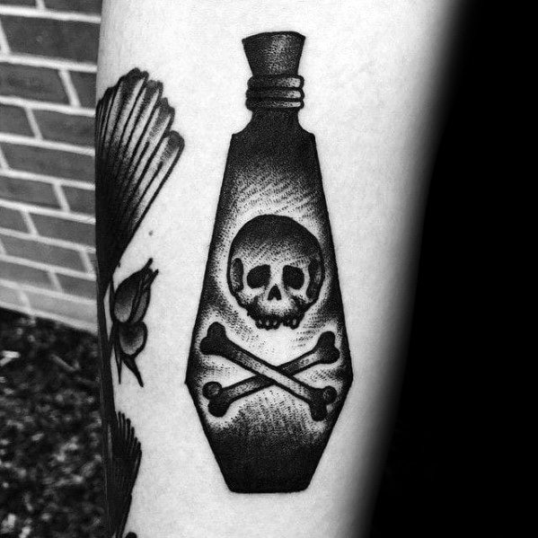 Black And Grey Skull With Crossbones And Poison Bottle Male Tattoos
