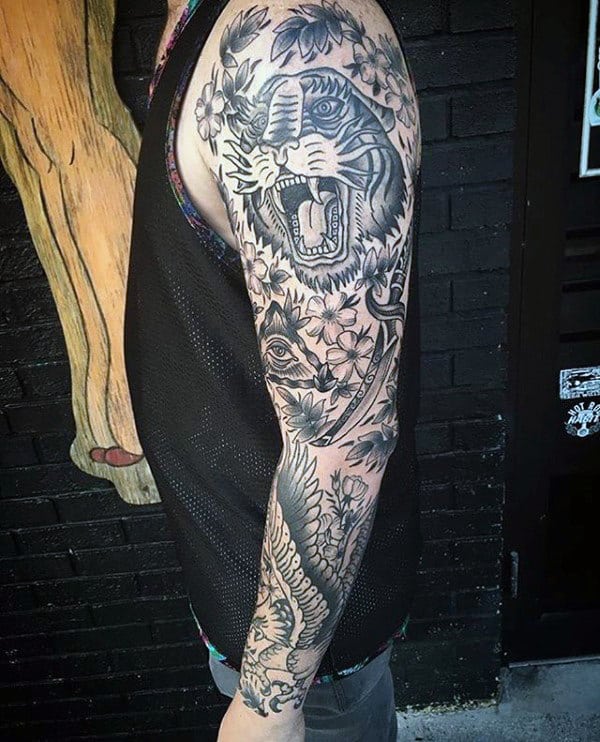 Black Ink Male Traditional Sleeve Tattoo