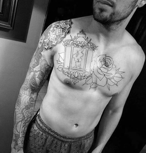 Black Ink Outline Retro Traditional Lantern Flower Male Chest Tattoos