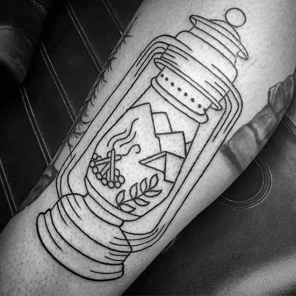 Black Ink Outline Traditional Lantern Nature Camping Tent Mens Arm Tattoo