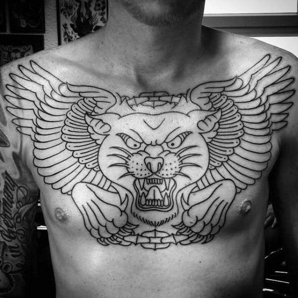 Black Ink Outline Traditional Panther Wings Mens Upper Chest Tattoo