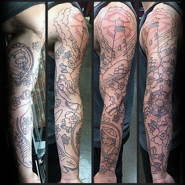 Black Ink Outline Traditional Sleeve Tattoos For Gentlemen