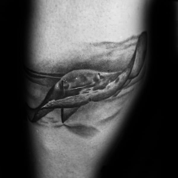 Black Ink Shaded Stingray Mens Leg Calf Tattoos