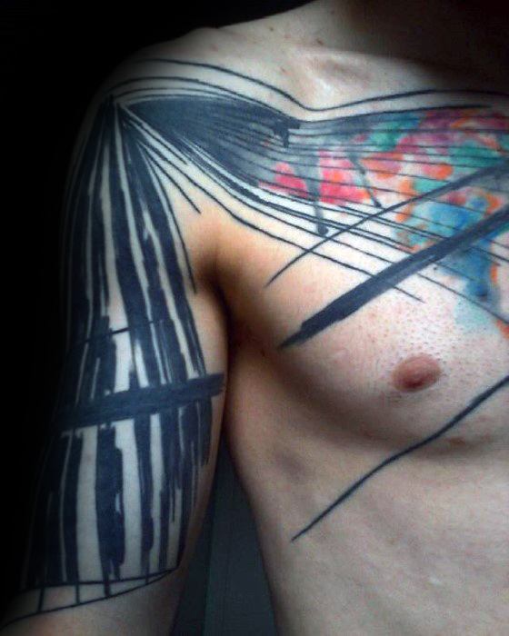 Black Lines With Colorful Design Guys Artsy Chest And Arm Tattoo