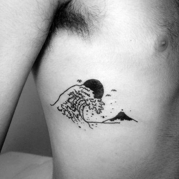Black Sun With Great Wave Mens Simple Rib Cage Side Tattoo Designs