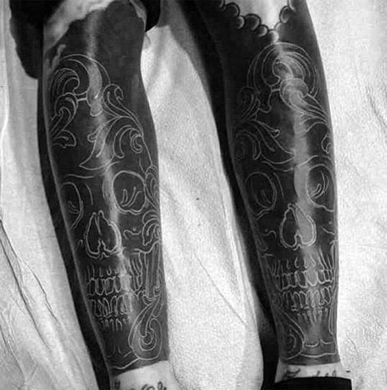 Blackwork Mens White Ink Unique Skull Leg Sleeve Tattoos