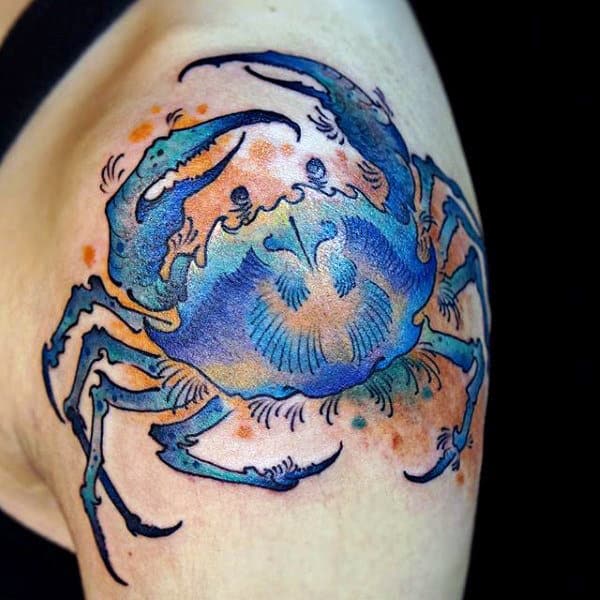 Blue And Orange Ink Mens Upper Arm Crab Tattoo Designs