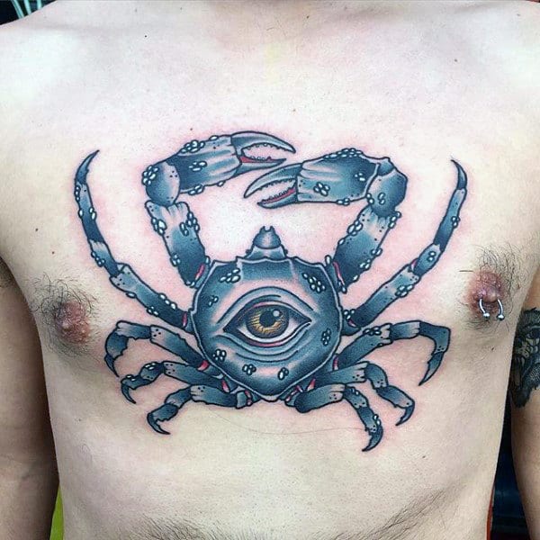 Blue Crab With All Seeing Eye Mens Upper Chest Tattoos
