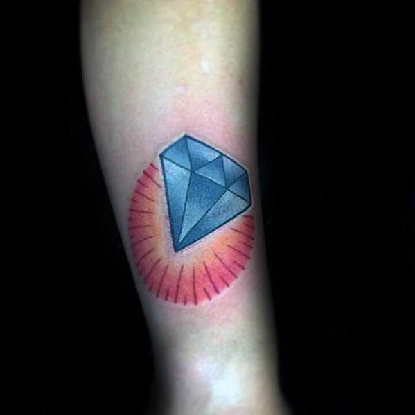 Blue Diamond With Red And Orange Rays Mens Traditional Forearm Tattoo Design Ideas