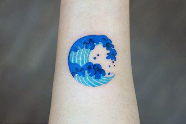 Blue Ink Guys Wrist Simple Wave Tattoos