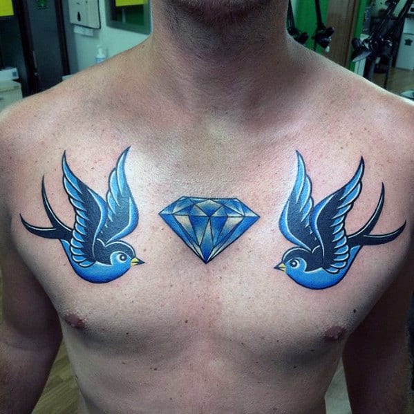 Blue Sparrows With Diamond Mens Traditional Upper Chest Tattoo