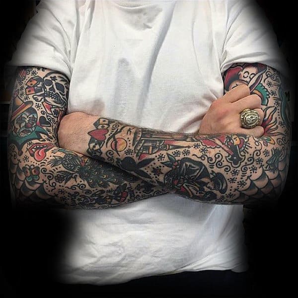 Both Arms Mens Traditional Sleeve Tattoos