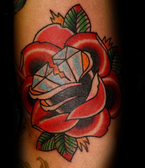 Broken Diamond Rose Flowers Mens Traditional Arm Tattoo