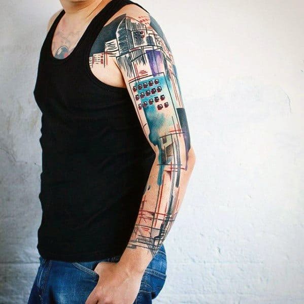 Buildings City Skyline Artsy Mens Watercolor Arm Tattoo