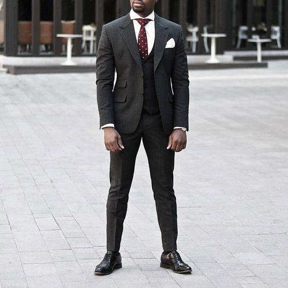 charcoal grey suit black shoes mens style ideas with red dot tie