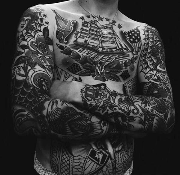 Chest And Arms Traditional Sleeve Tattoos For Guys