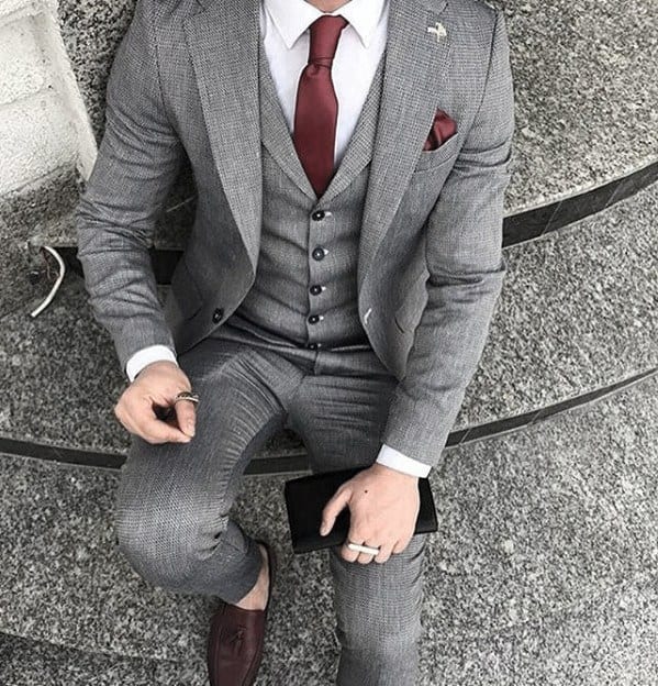 classy mens red tie and pocket square light grey suit brown shoes styles