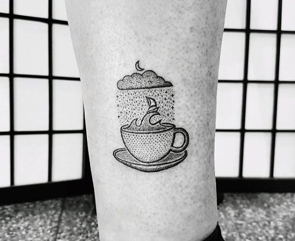 Coffee Cup Dotwork Guys Small Lower Leg Ocean Tattoo