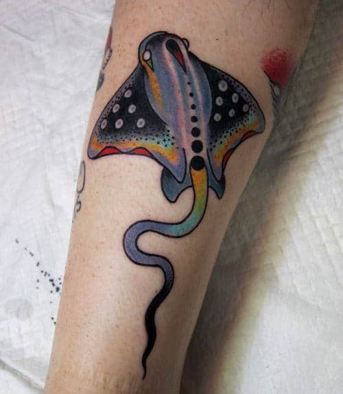 Color Old School Dotwork Stingray Mens Arm Tattoo