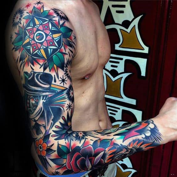 Colorful Male Traditional Sleeve Tattoo Designs