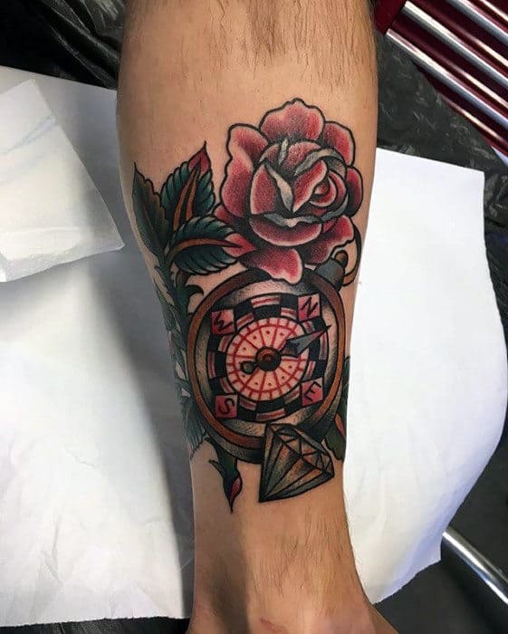 Compass With Rose Flower And Diamond Male Traditional Leg Tattoo Design Ideas