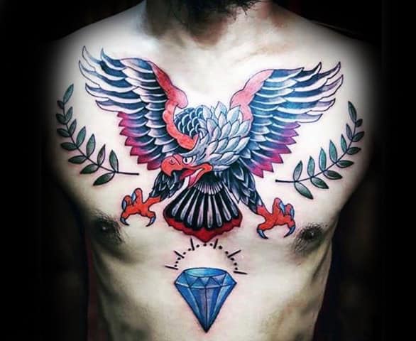 Cool Eagle Diamond Traditional Chest Tattoos For Guys