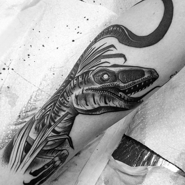 Cool Forearm Shaded Black And Grey Ink Jurassic Park Tattoo Design Ideas For Male
