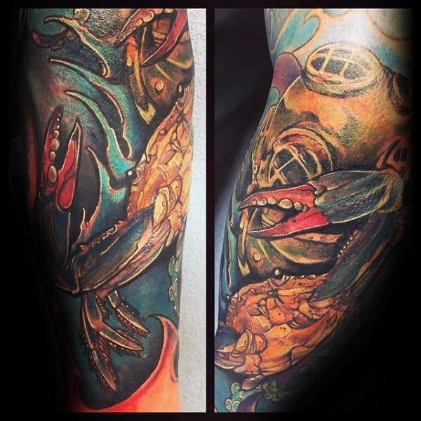Cool Gold Diving Helmet With Crab Mens Sleeve Tattoo