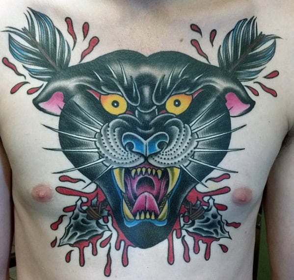 Cool Mens Traditional Panther Arrow Tattoo On Chest