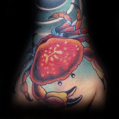 Cool Red Crab With Blue Ocean Waves Mens Hand Tattoos