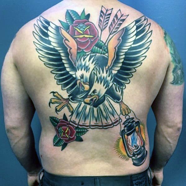 Cool Traditional Lantern With Bald Eagles Mens Back Tattoo